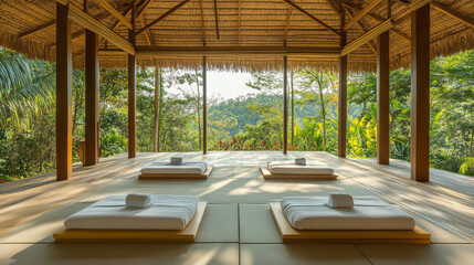Fototapeta premium Wellness tourism with guests experiencing holistic treatments, nature walks, and organic meals in a health-focused resort setting