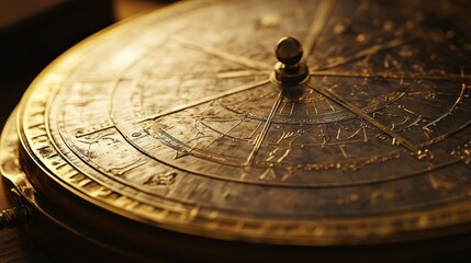 Polished brass astrolabe celestial engravings highlighted by soft light reflecting on surface