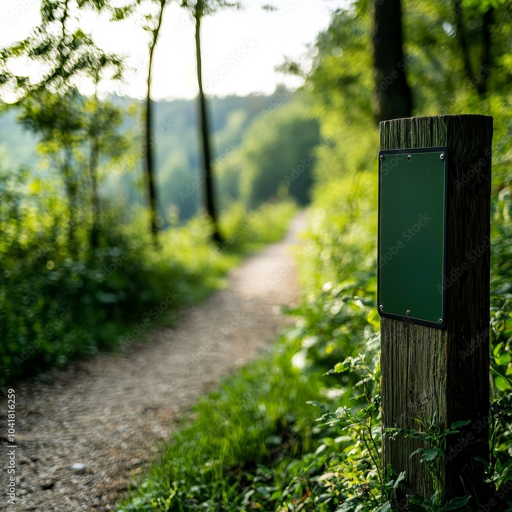 Poster a serene forest path with a wooden post and a blank sign, surrounded by lush greenery and soft sunli