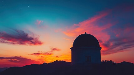 Obraz premium Wide-angle view of Greek observatory at dusk telescope silhouetted against colorful sunset
