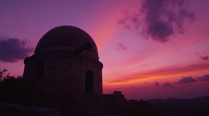 Obraz premium Observatory with telescope silhouetted against sunset capturing connection between nature and astronomy