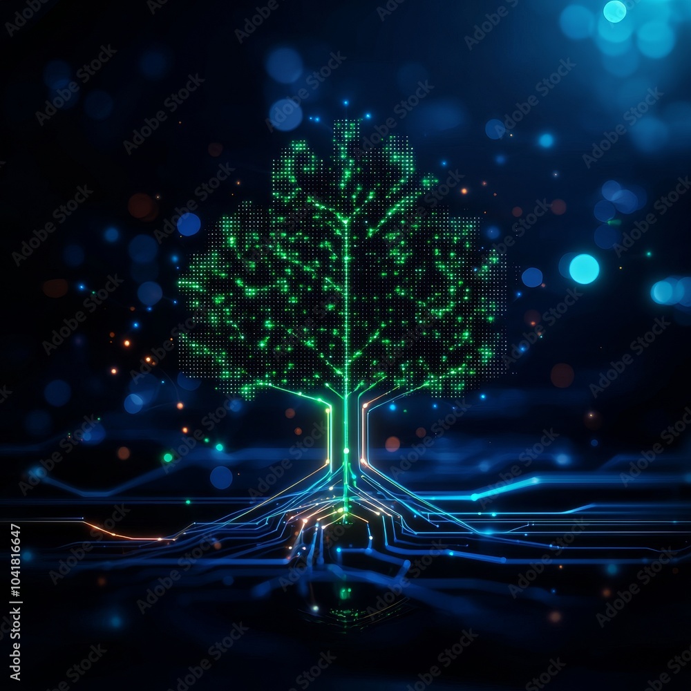 Poster a digital tree with glowing circuit roots and branches, symbolizing the connection between nature an
