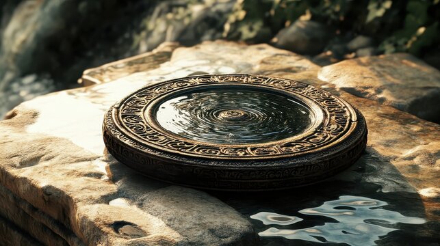 Water clock (clepsydra) with flowing water sunlight highlighting intricate markings