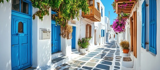 Picturesque narrow blue and white cobble street and traditional Greek houses in Mykonos Island Greece 