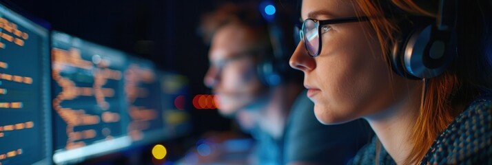 Focused individuals with headsets analyze data on multiple computer screens in a dimly lit workspace environment for cybersecurity monitoring.