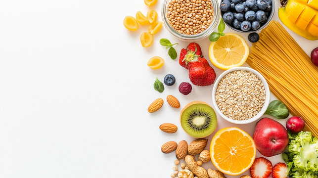 
High dietary fiber health food concept with fruit, vegetables, whole wheat pasta, legumes, cereals, nuts and seeds with foods high in omega 3, antioxidants, anthocyanins, smart carbs and vitamins