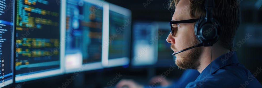 Poster focused it professional wearing headset, working on multiple monitors displaying code in a dimly lit