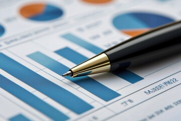 A close-up of a pen resting on a chart with blue and gray bar graphs, indicating data analysis or business reporting.