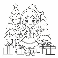 Fototapeta premium Outline Of girl with gifts and Christmas tree. Christmas. New year. Coloring book for kids