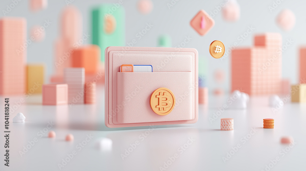 Poster digital wallet with bitcoin symbol surrounded by colorful blocks