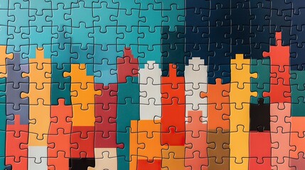 A vibrant, colorful puzzle featuring abstract geometric shapes, showcasing a variety of colors and patterns that create a lively visual experience.