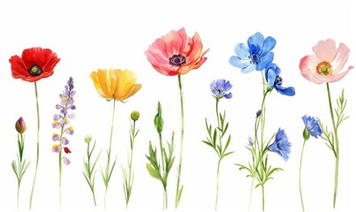 Collection of grunge oil painted summer flowers isolated on white background