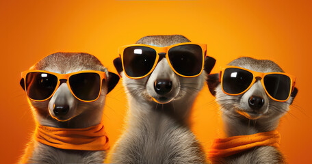 Three meerkats wearing orange sunglasses and scarves against a bright orange background, exuding a fun and playful vibe.