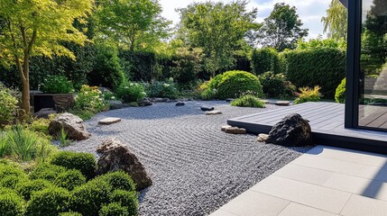 Obraz premium A peaceful Zen garden with neatly raked gravel and smooth stones, evoking a sense of tranquility and mindfulness