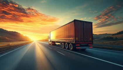 Sunset view of a truck traveling down a highway surrounded by nature