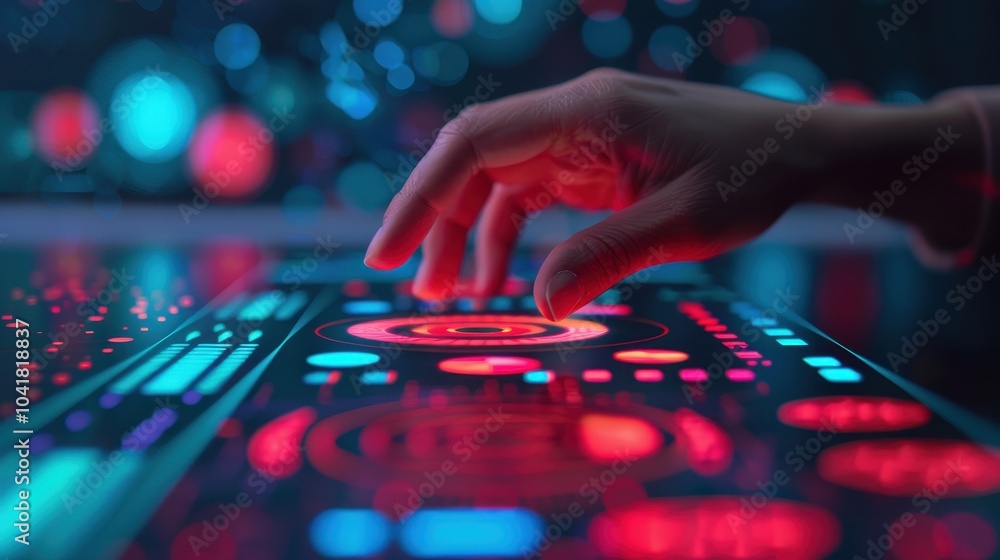 Aufkleber futuristic digital interface with glowing lights, featuring a hand interacting with a high-tech cont