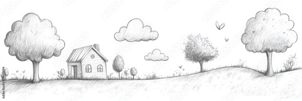 Poster a peaceful setting with sketchy clouds, whimsical trees, and a charming house, evoking a sense of ca