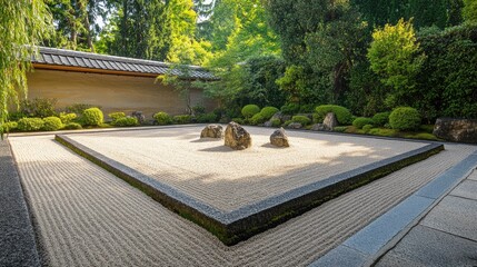 Obraz premium A serene Japanese Zen garden with raked gravel and arranged stones, evoking mindfulness and a sense of tranquil peace