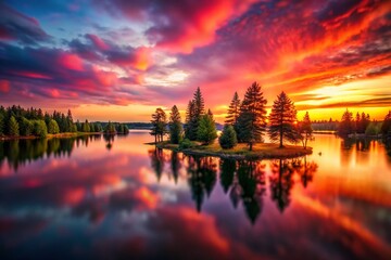 Obraz premium Crimson Sunset Over a Still Lake with Silhouette Trees - Captivating Scenic Photography