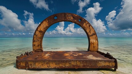 Fototapeta premium Rusted metal boat lift in south pacific ocean on the tropical island Bora Bora. The steel bars make a shape within a circle including trangle. .