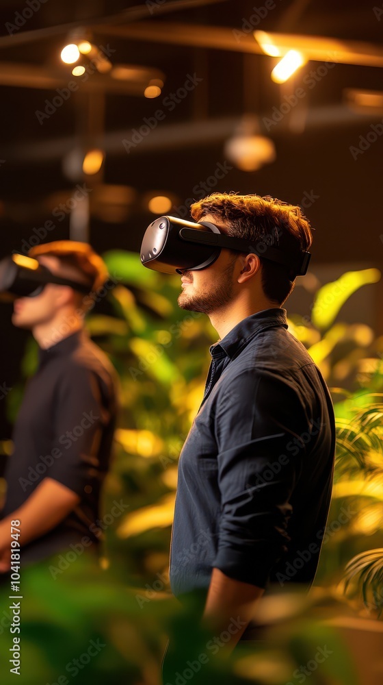 Poster exploring virtual reality immersive experiences in a modern tech environment with engaged participan
