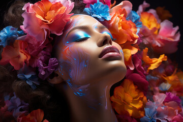 Colorful artistic portrait of a young beautiful woman closeup, hairstyle with flowers, multicolored makeup and face art