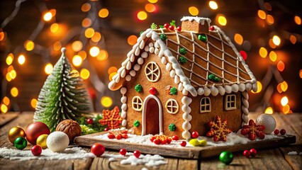 Gingerbread house decorated with Christmas lights and ornaments