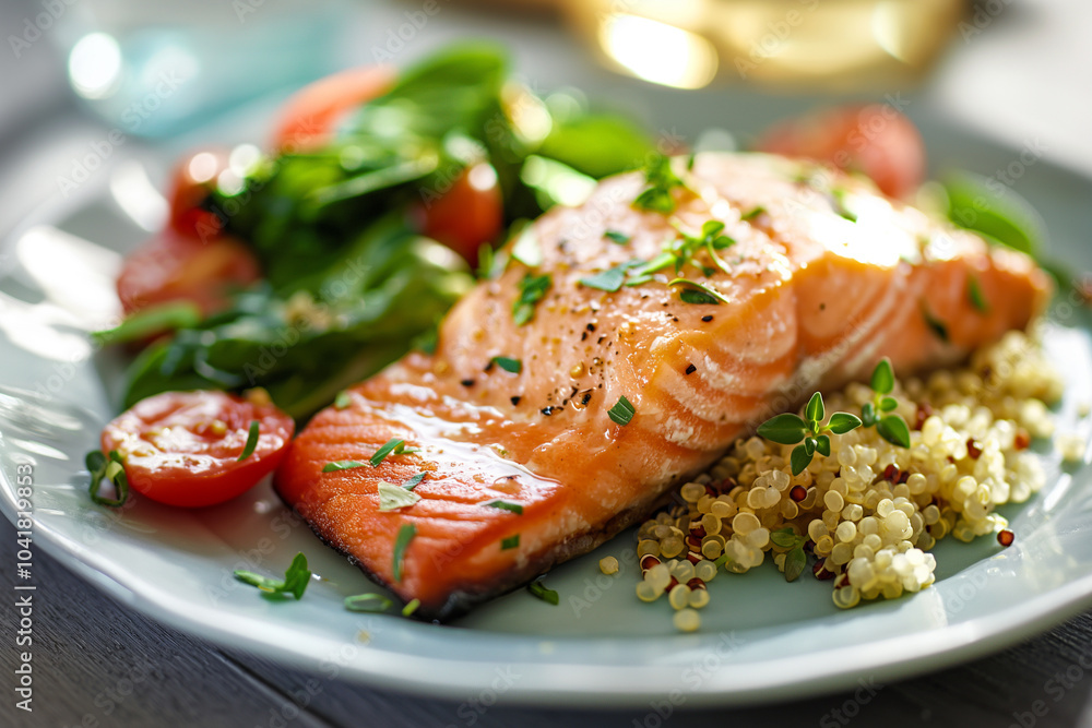 Wall mural A plate of baked salmon with quinoa and spinach