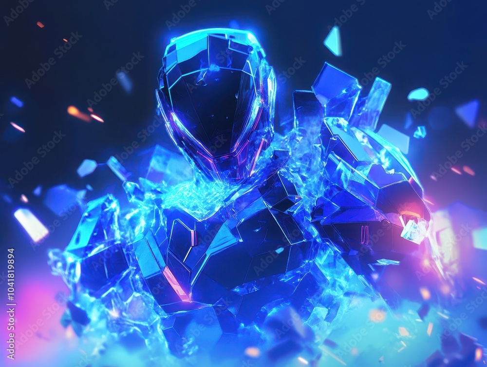 Poster dynamic futuristic armor shattering reality with glowing crystal effects in a sci-fi visual represen