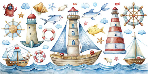 Fototapeta premium Nautical Watercolor Patterns for DIY Crafting and Baby Items