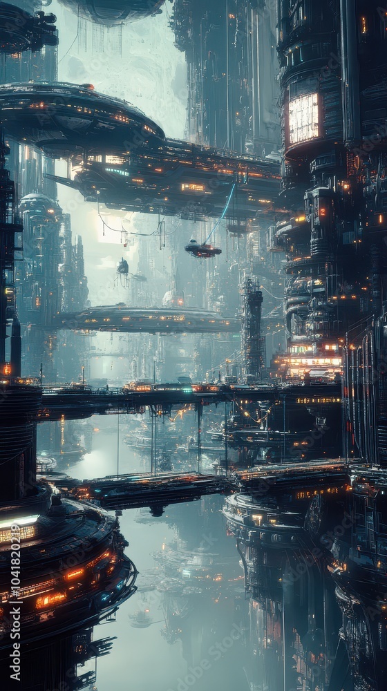 Poster exploring the futuristic cityscape a journey through the intricate layers of technology and architec