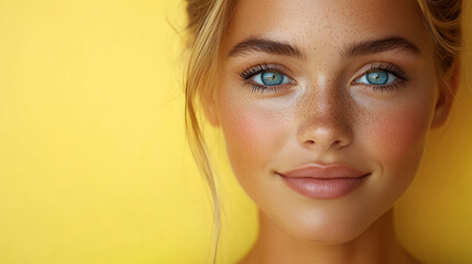 Naklejka premium natural makeup on a girl's face against yellow close-up Skin Care Concept Perfect Face with Hydrated Skin