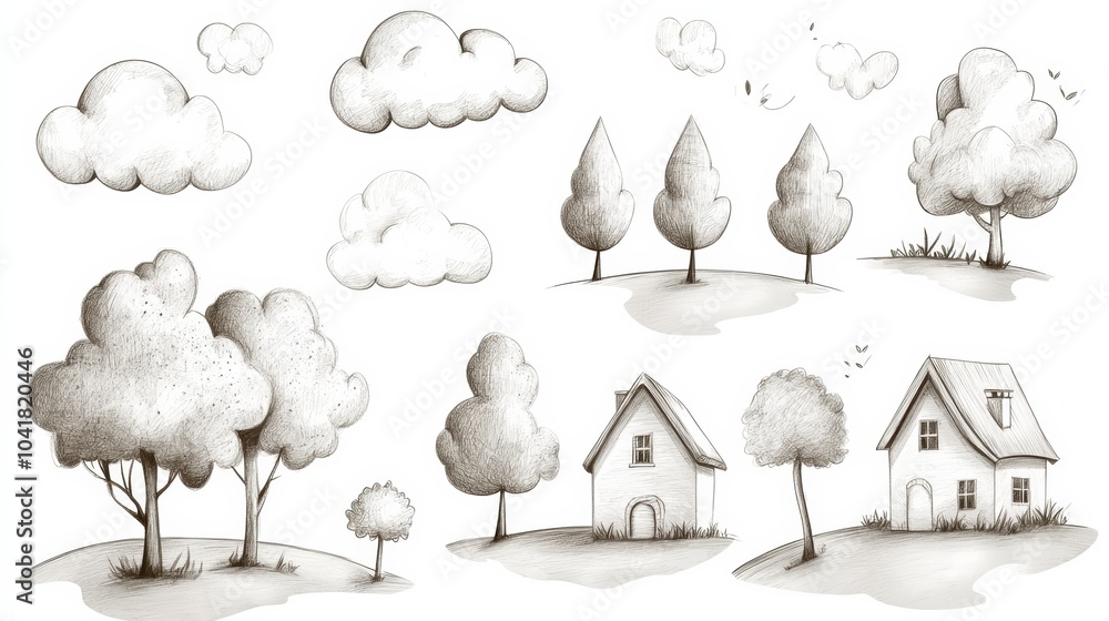 Poster a collection of hand-drawn pencil sketches features playful clouds, various trees, and quaint houses