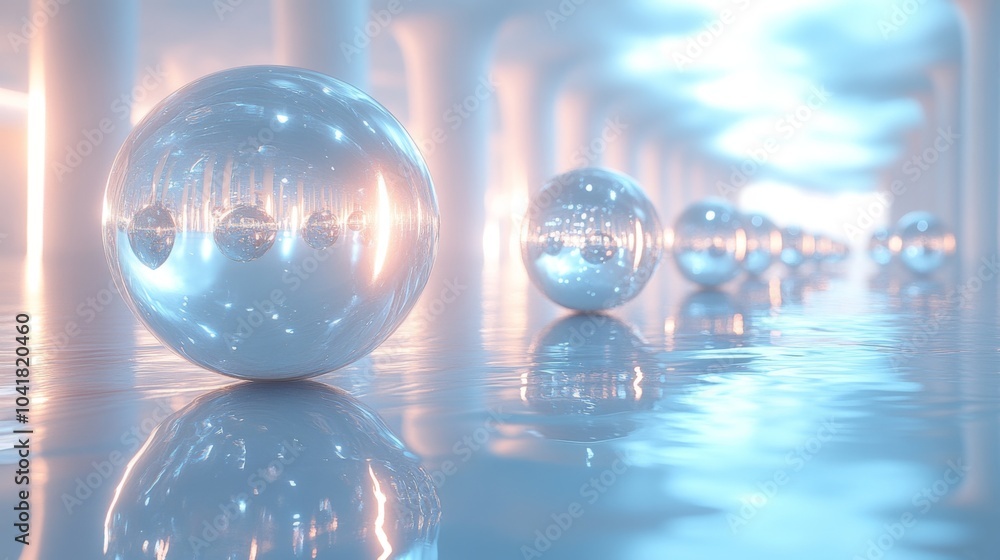 Poster transparent spheres shimmer under soft lighting, creating a serene atmosphere reflected in calm wate