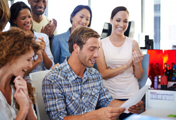 Man, team and applause with document in office for goals, success and celebration at media company. Person, excited group and diversity with support, cheers and contract at startup creative agency