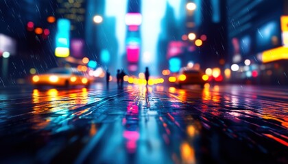 Rainy night in Times Square with vibrant lights and city activity