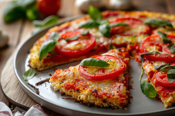 A plate of cauliflower crust pizza with vegetable toppings