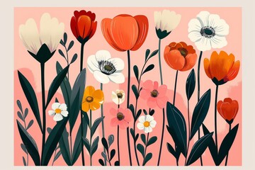 Colorful square composition with bright flowers and bold lines