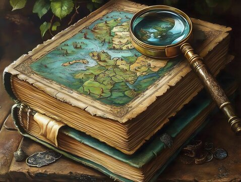 A detailed map on an ancient book with a magnifying glass, evoking exploration and discovery.