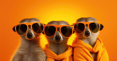 Fototapeta premium Three meerkats wearing orange sunglasses and hoodies against a bright orange background.
