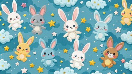 Cute Bunny Pattern for Baby Print - Cartoon Blue Baby Design for Nursery Decor