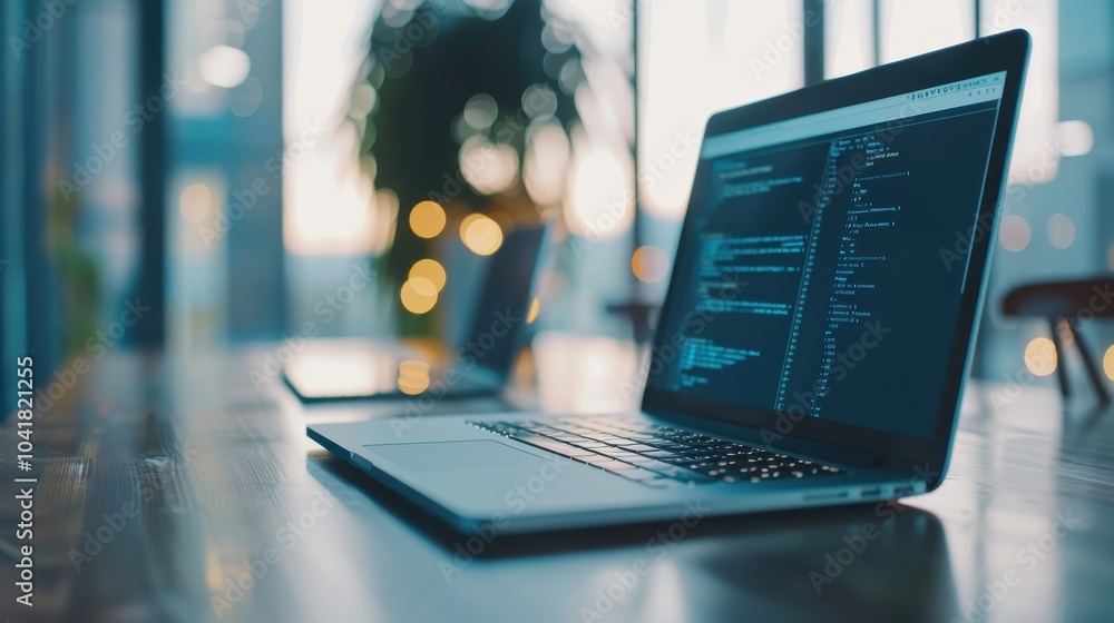 Poster laptop on a wooden desk with code on the screen, set in a modern office environment with blurred bok
