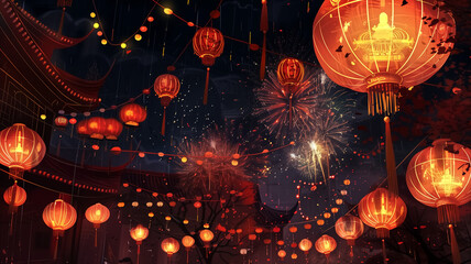Traditional New Year's lanterns and red banners – floating …