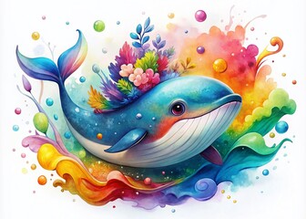 Obraz premium Cute Chibi Whale Splashing in Vibrant Watercolor for Children's Aquatic Decor and Nature-Inspired Artwork