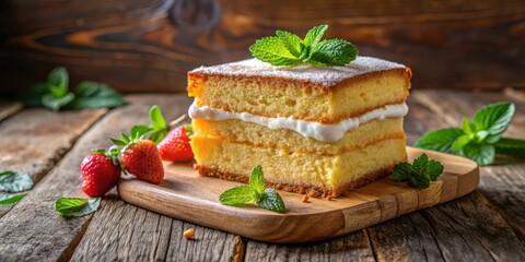A delicate slice of cake layered with whipped cream and dusted with powdered sugar, adorned with fresh mint, and resting on a rustic wooden board.