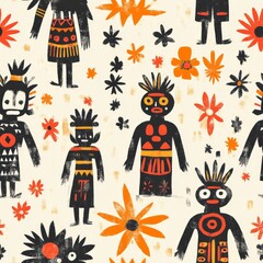 Abstract Tribal Seamless Pattern with Geometric Shapes and Flowers