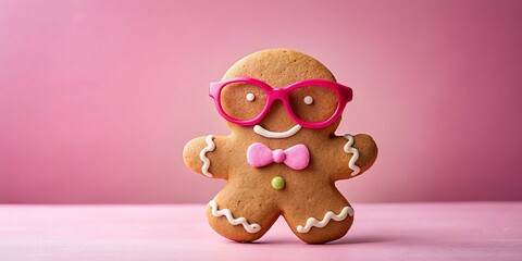 Obraz premium Cute Gingerbread Man in Pink Glasses on Pink Background - Minimalist Night Photography Art Card