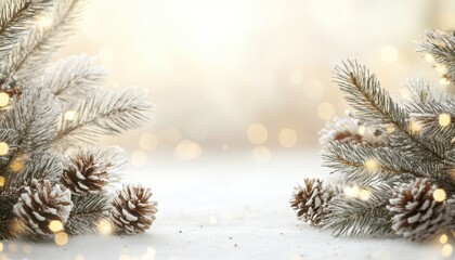 Obraz premium Winter-themed arrangement of snow-covered pine branches and cones with lights