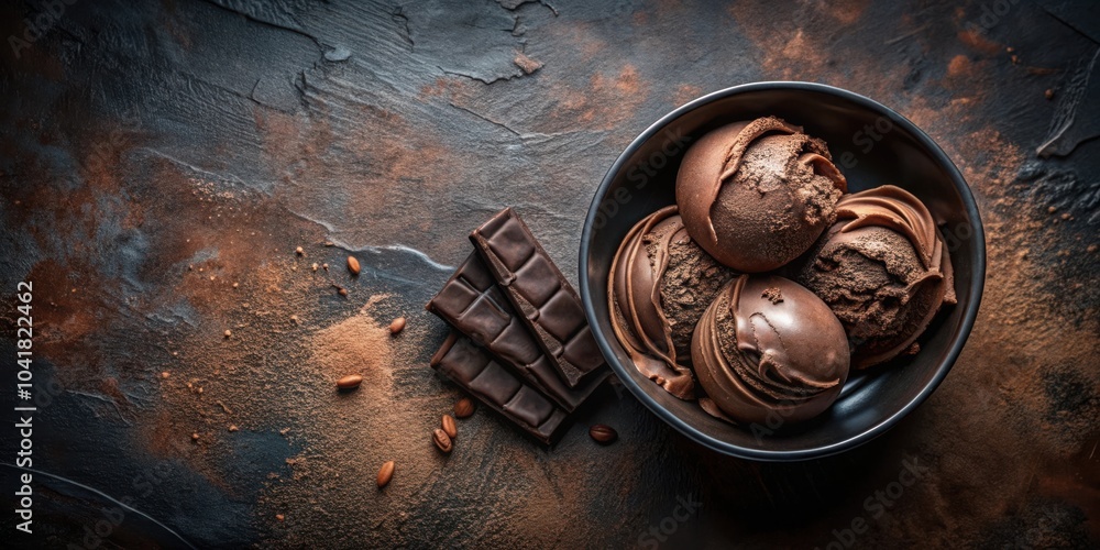 Poster dark chocolate ice cream scoops in a bowl with broken chocolate bars and cocoa powder