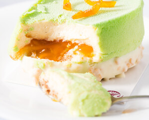 Tasty pistachio cake with caramel cream